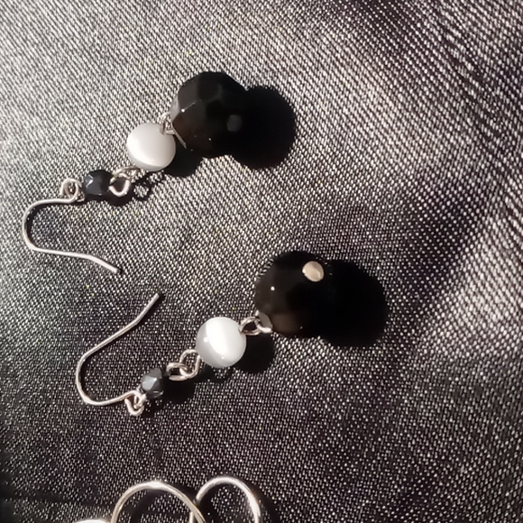 Silver tone cuff bracelet black onyx like stone cat eye quartz & circle link . - Picture 2 of 4